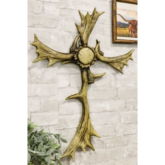 Large 26"H Rustic Western Stag Elk Deer Bone Antlers with Burr Center Wall Cross