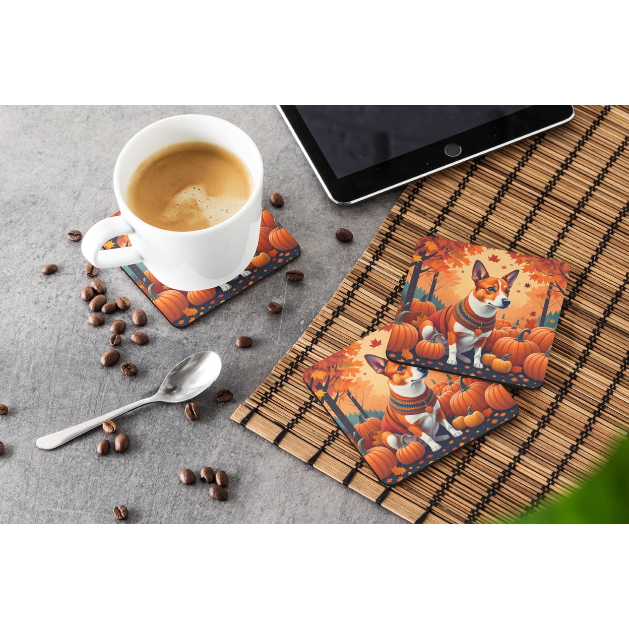Red Basenji Fall Foam Coaster Set of 4 3.5 in x 3.5 in