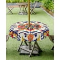 thumbnail image 3 of Blue Orange Outdoor Tablecloth - 60 Inch Round Dining Table Cover, Ethnic Floral Boho Vintage Abstract Waterproof Outdoor Table Cloth with Umbrella Hole & Zipper for Picnic/Patio/Party, 3 of 5