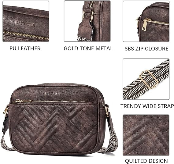 Gomayee Quilted Crossbody Bags for Women Vegan Leather Purses Small Shoulder Handbags with Wide Strap