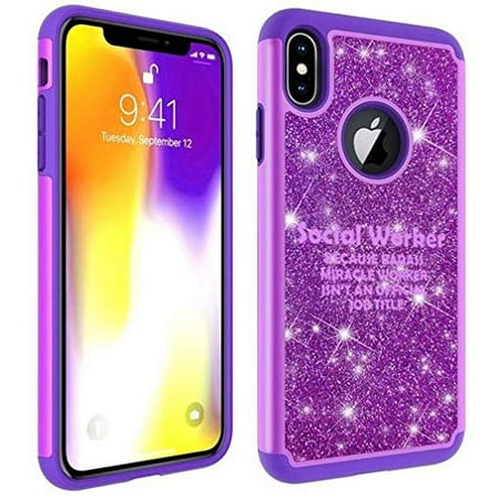 Glitter Bling Sparkle Shockproof Protective Hard Soft Case Cover for Apple iPhone Social Worker Miracle Worker Job Title Funny (Purple, for Apple iPhone 7 / iPhone