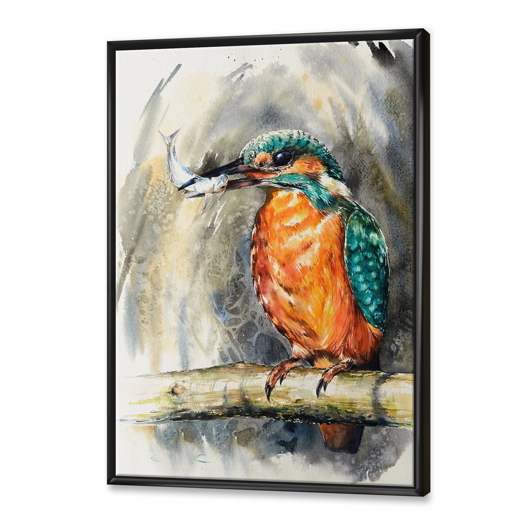Designart 'Common Kingfisher On Branch Eating A Small Fish' Traditional Framed Canvas Wall Art Print