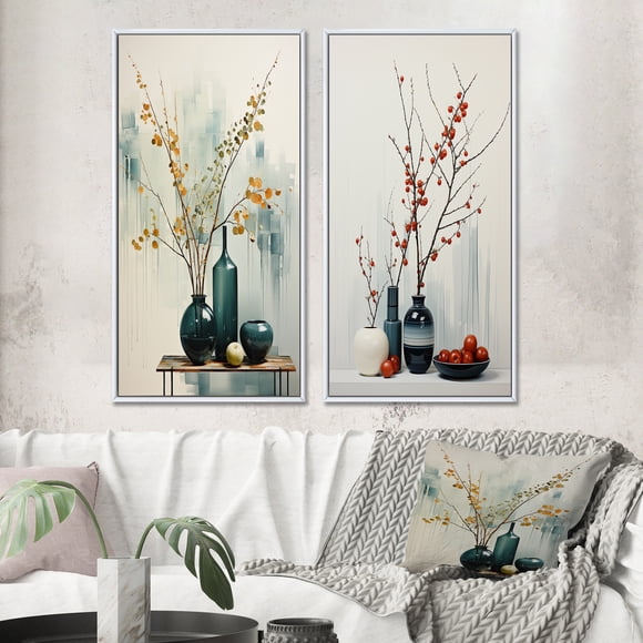 Designart "Blue Yellow Minimalist Oasis Pottery" Minimalism Framed Wall Art Set Of 2 - Teal Abstract Frame Gallery Set For Office Decor