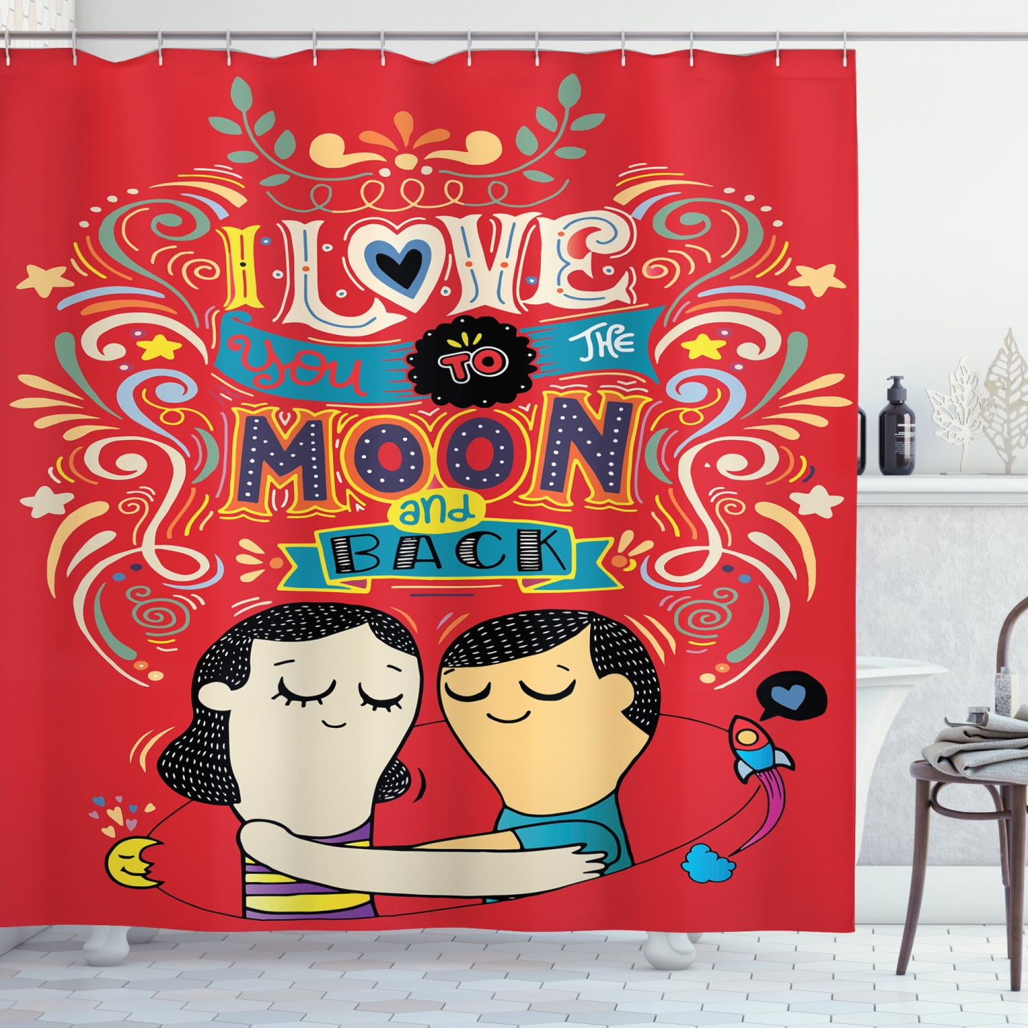 I Love You Shower Curtain, Couple Hugging with Oriental Calligraphy