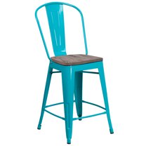 Flash Furniture Carly 24" High Crystal Teal-Blue Metal Counter Height Stool with Back and Wood Seat