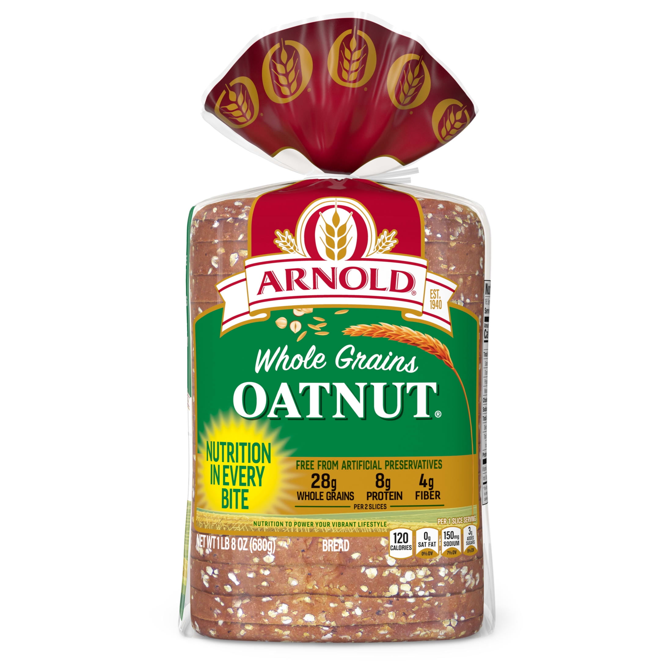 Arnold Whole Grains Oatnut Bread, 24 oz, Pre-sliced Multigrain Bread, Bag