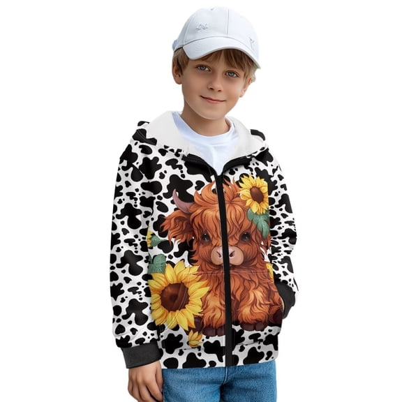 Pzuqiu Highland Cow Hoodies for Teen Boys 14-16 Warm Full Zip Hooded Kids Sweatshirt Lightness Stretchy Long Sleeve Jacket Outfits with Pockets for Boys Teens Youth