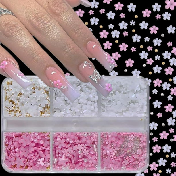 Encantos de uñas de flores 3D - rosa y blanco, cuentas de oro y plata, perlas - Diseño de arte de uñas, accesorios de arte de uñas, encantos de uñas