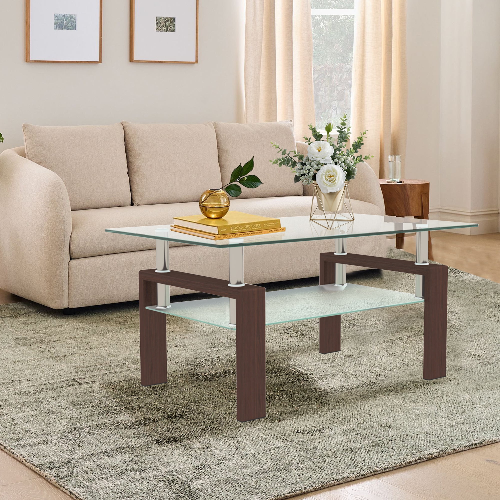 Ufurpie Rectangle Walnut Glass Coffee Table,Clear Coffee Table，Modern