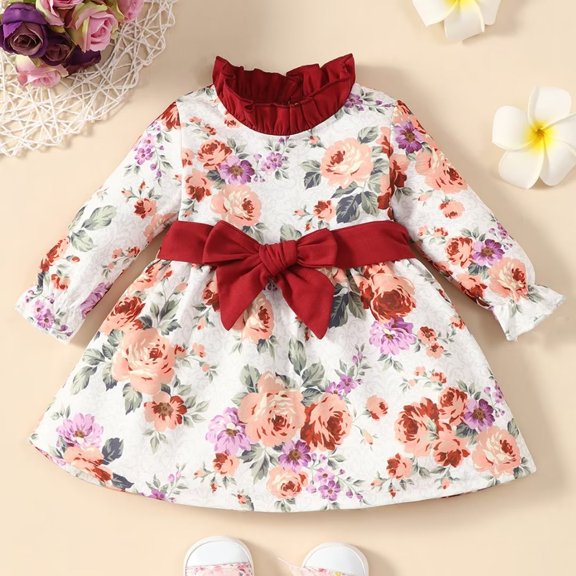 YEEDISON Children's Dress Autumn and Winter Girls' Dress Cotton Long Sleeve Flower Pattern Bowknot Dress for 0-18M