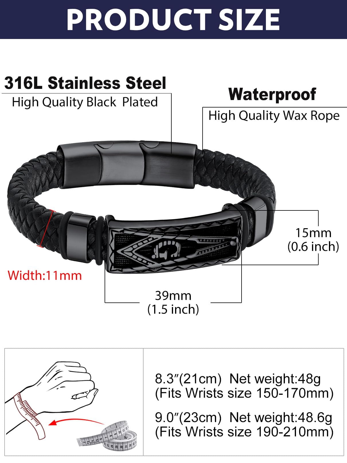 Bandmax Black Leather Braided Bracelets for Men Stainless Steel Black Masonic Freemason Wristband Charm Bracelet with Adjustable Buckle Birthday Father Day Gift for Dad Son Husband Grandpa