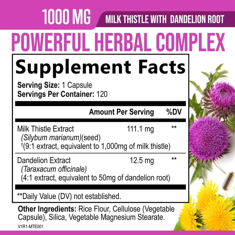 Milk Thistle Silymarin Marianum & Dandelion Root Liver Health Support - 9:1  Extract Liver Cleanse Detox & Repair Formula 1000mg Equivalent - Nature's  ...