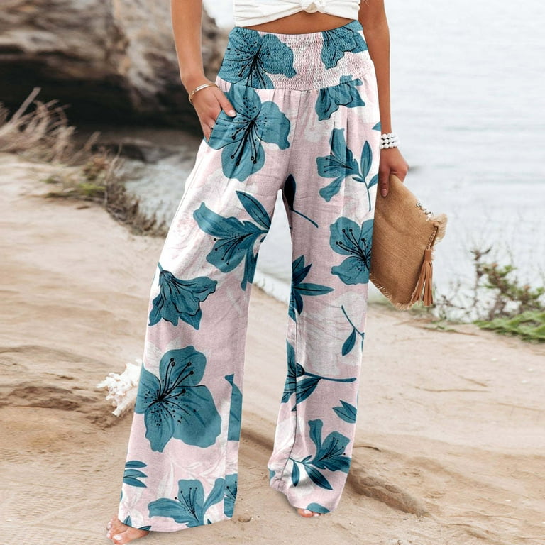 Wide Leg Pants For Women High Waist Floral Printed Palazzo Trousers Boho Summer Beach Lightweight Baggy Pant Trousers With Pockets Pink L Walmart