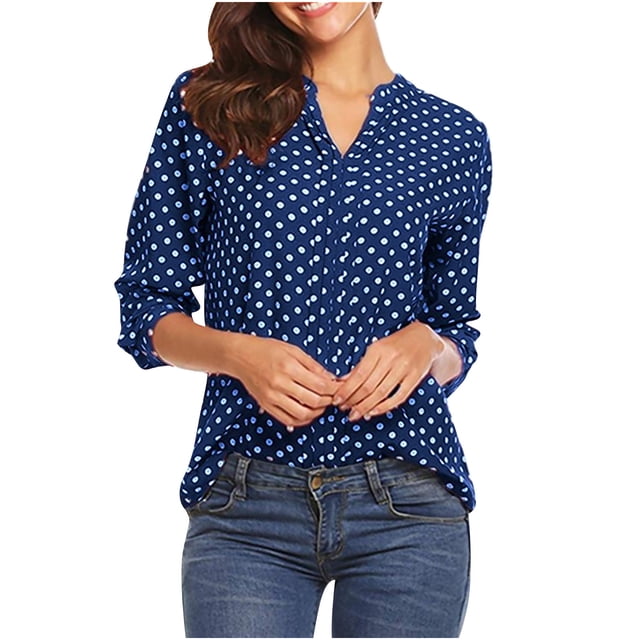 Pompotops Blouse Décontractée et Confortable à Manches Longues Imprimé Polka Col en V pour Femmes en Liquidation