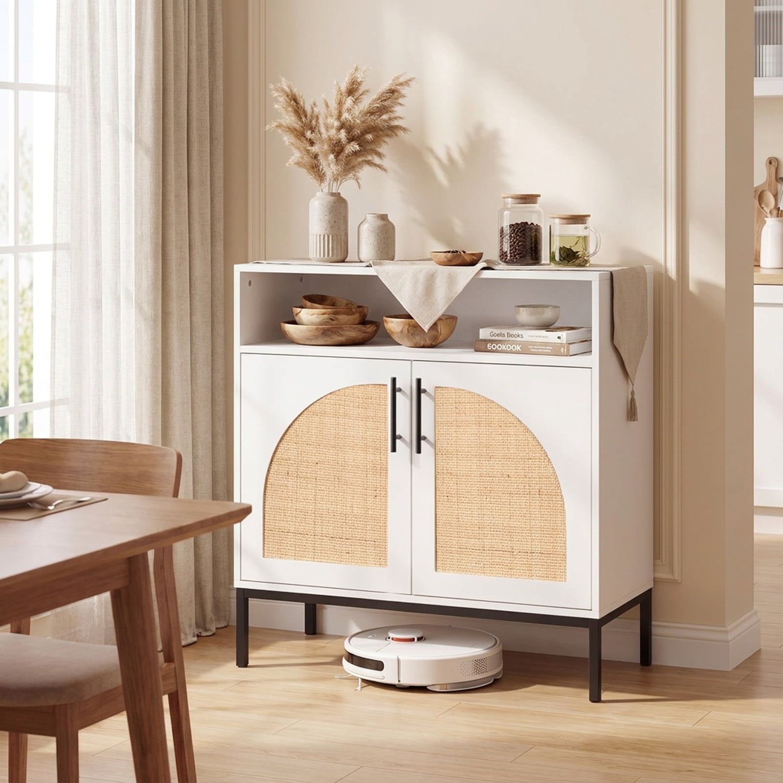 Furnibear 32" Sideboard Buffet Cabinet with 2 Natural Rattan Decorated Doors and Adjustable Shelf for Kitchen Dining Living Room Buffet, White