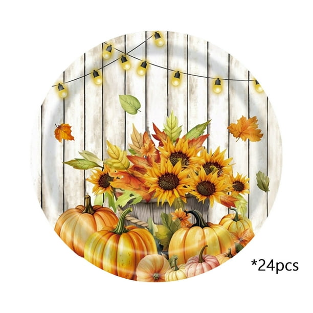 Platos de papel con calabaza otoñal, platos de postre con hojas de arce, platos de papel de 23 cm para pastel, ensalada y fruta, platos desechables con temática de cosecha otoñal, vajilla a cuadros bo