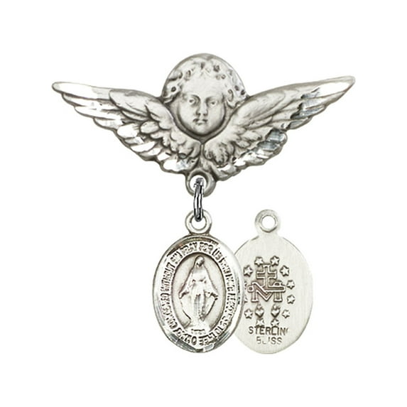 Sterling Silver Baby Badge with Miraculous Charm and Angel w/Wings Badge Pin 1 1/8 X 1 1/8 inches