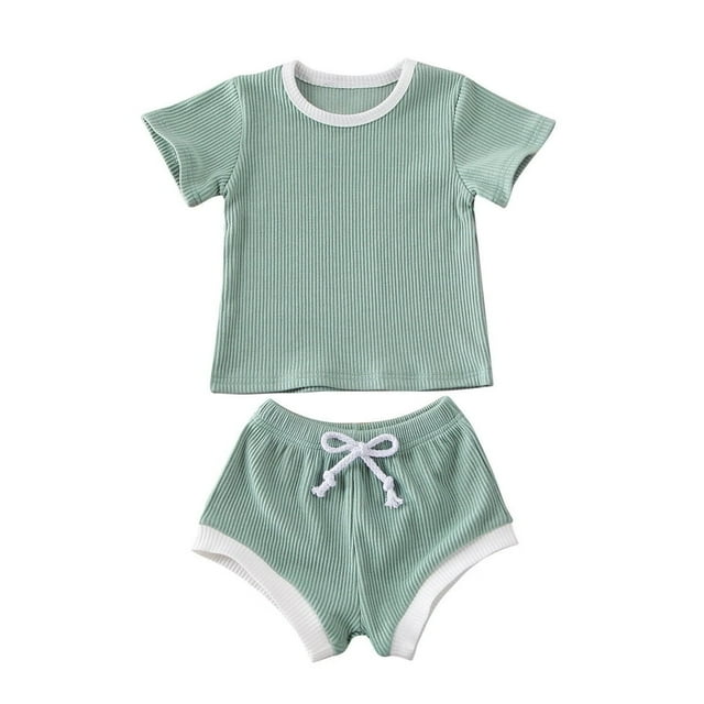 2 Pcs Ensemble d'Été pour Bébé Garçon Fille T-Shirt à Manches Courtes Côtelé et Short