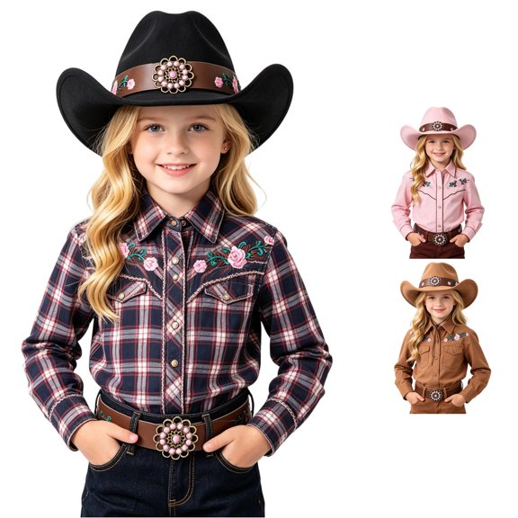 Oiyii Little Girls Decorative Cow Boy Hats Floral Embroidered Western Cow Girl Hats, Black