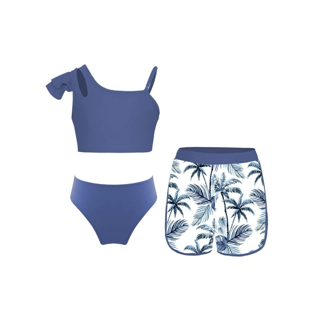 TSSOE Kids Girls 3 Piece Rash Guard Tropical Print Bikini Swimsuits Swimming Pool Seaside Beachwear Dust Blue 6