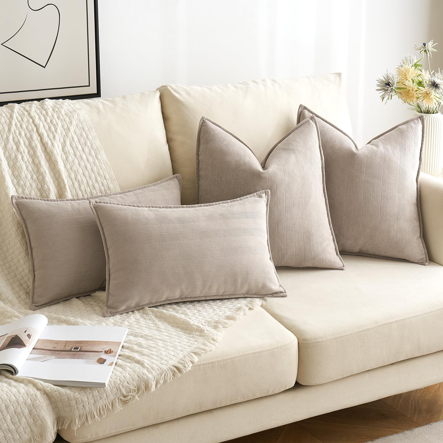 Pack of 2 Beige 12x20 Inch Decorative Pillow Covers Soft Chenille Couch Throw Pillows Farmhouse Cushion Covers for Sofa Bedroom Living Room