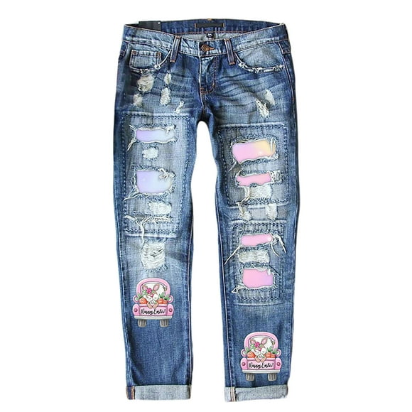 Bmisegm Women's Easter Bunny Jeans with Printed Holes Casual Women's Denim Pants Y2K Jeans for Women Pink S