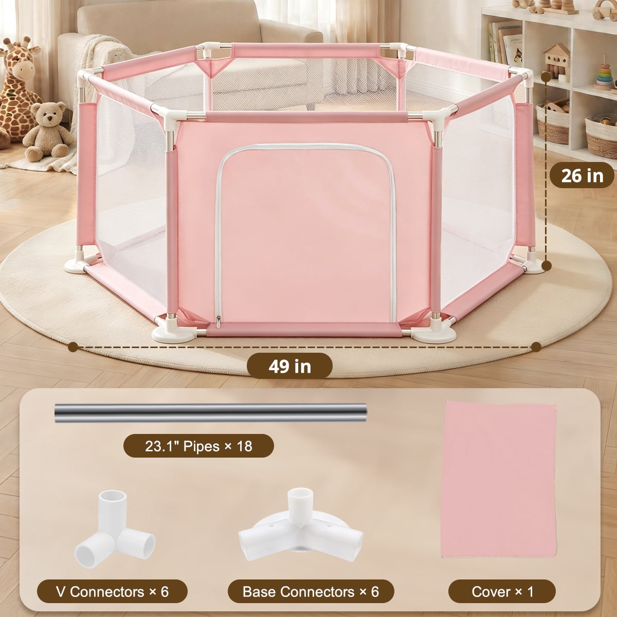 Baby Playpen, Travel Baby Playards, Baby Play Yard, 6Panels Portable Infant Play Game Area,Pink