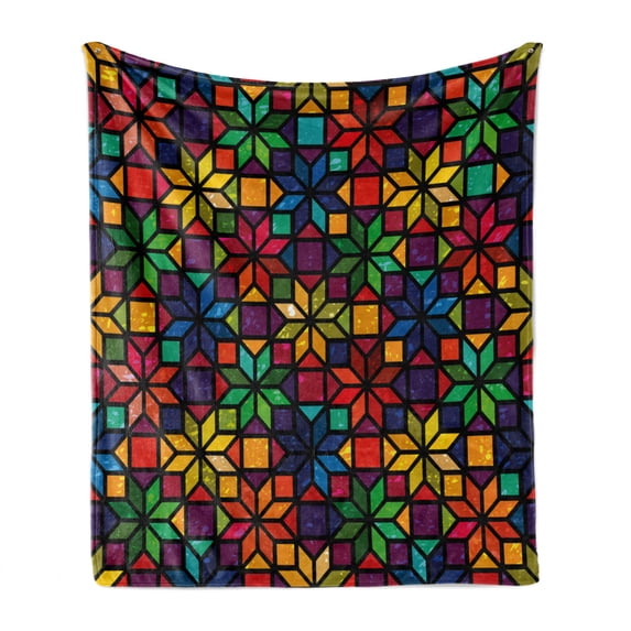 Geometric Soft Flannel Fleece Throw Blanket, Windows Glass Inspired Rainbow Colored Image with Flowers Like Artwork Print, Cozy Plush for Indoor and Outdoor Use, 60" x 80", Multicolor, by Ambesonne