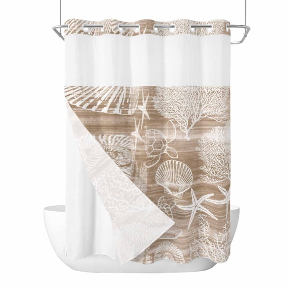 No Hook Brown Coastal Shower Curtain with Snap in Liner Set, Nautical Coral Starfish Shell Turtle Summer Waterproof Bathroom Curtains with See Through Top Window, Hotel Style Modern 60 x 72 Inch