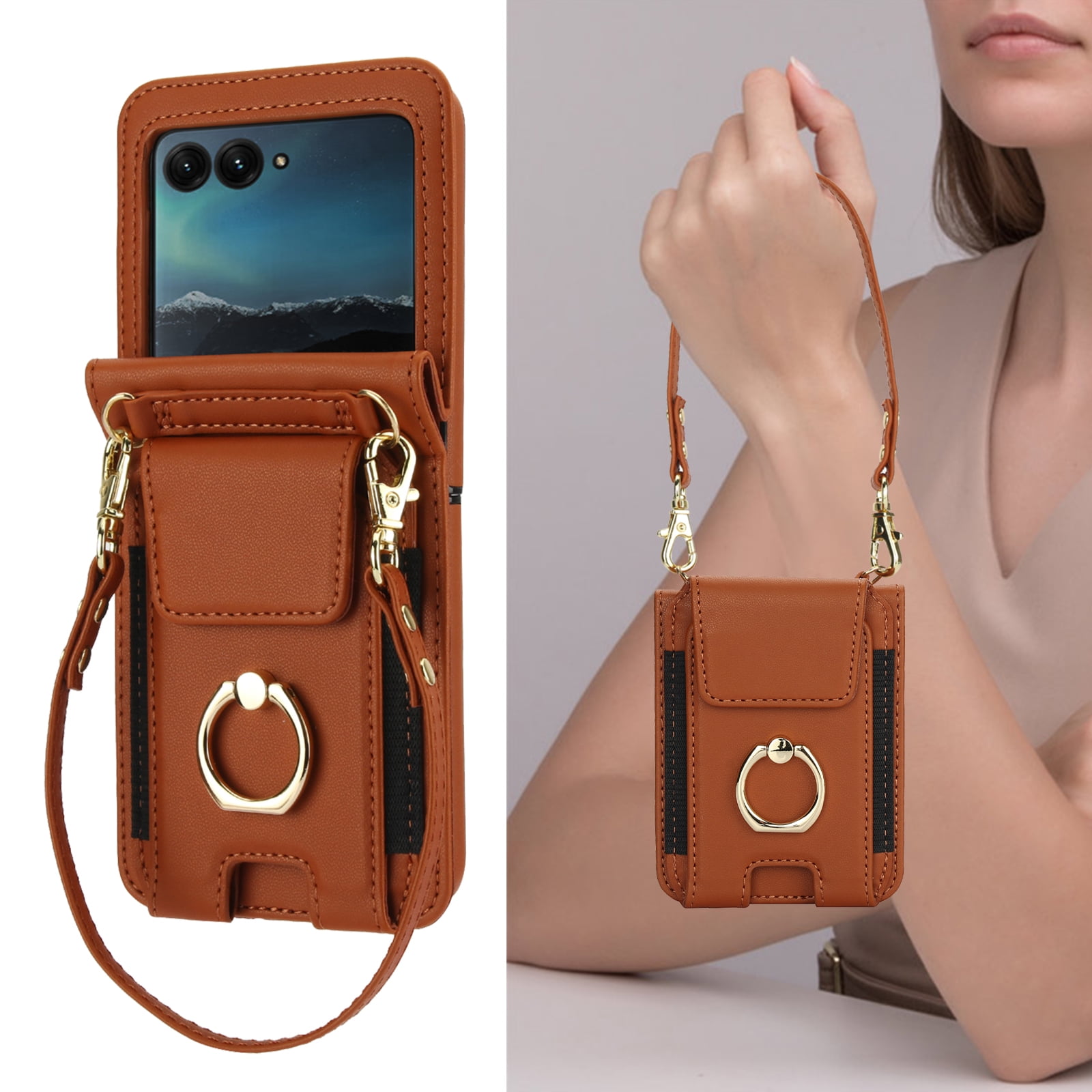 for Motorola Razr 2024 Case, Retro PU Leather Shockproof Protection Phone Case Wallet Built in Credit Card Slots Flip Cover Finger Ring Stand with Long Strap + Short Strap, Brown