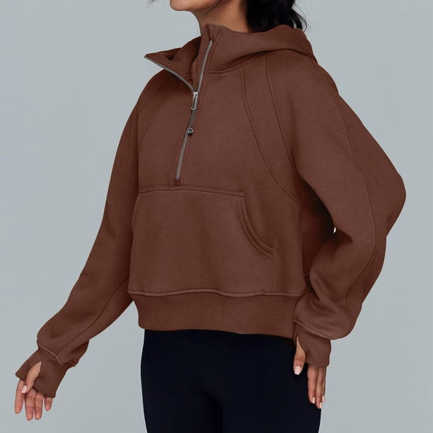 Sudadera Sudadera recortada para mujer Sudadera con capucha corta de manga larga informal Primavera Otoño Ropa deportiva Cgtredaw Café M para Mujer