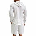 thumbnail image 4 of LWavelet Men's Striped Linen Hooded Shirt and Shorts Set Casual Two Piece Outfit White L, 4 of 5
