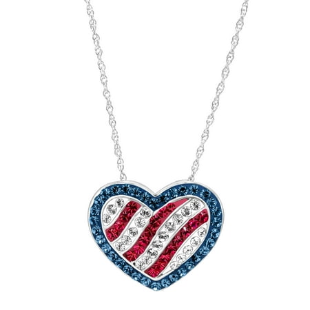 America Pendant Jewelry - American Flag Pendant Necklace with Swarovski Crystals in Sterling Silver