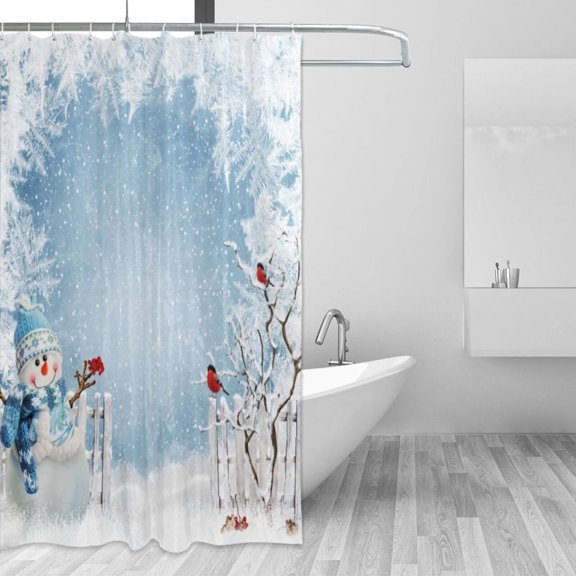 Christmas Shower Curtain, Christmas Greeting with Snowman Near Fence and Bullfinches on Branches Tree Shower Curtain for Bathroom
