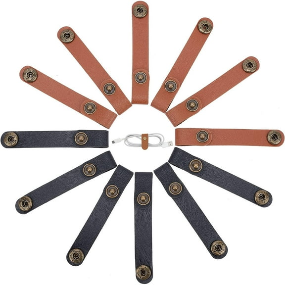 12PCS 2 Colors Leather Cord Organizer Leather Cable Clips USB Holder Fastening Ties Wire Rustic Keeper with Alloy Snap Buttons Cable Management for Stocking Stuffers Earbud Wrap Headphones