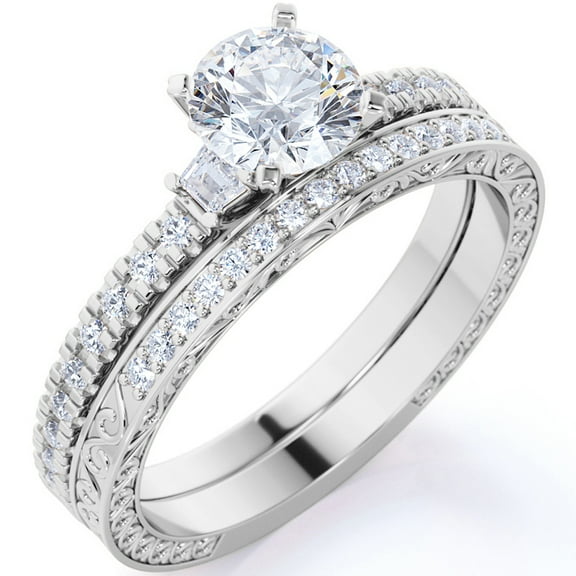 JeenMata Elegant 1.75 ct Round & Tapered Baguette Moissanite - Pave Set - Thin Band - Vintage Engagement Ring Set - 18K White Gold over Silver