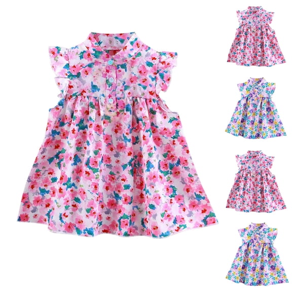 YHAJDS Toddler Girls Short Sleeve Floral Print Dress Ruffle Sleeve Casual Sundress