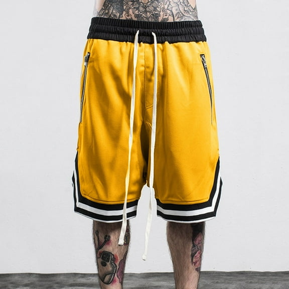 Daqian Big Mens Shorts Clearance Fashionable Men's Elastic Rope Stretch Mesh Pocket Casual Plain Sports Shorts Clearance Mens Shorts Yellow XL(XL)