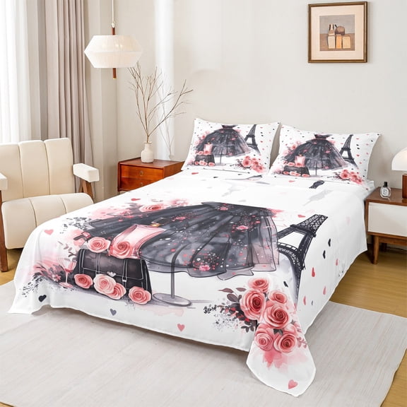 Castle Fairy Girls Romantic Eiffel Tower Twin Sheet Sets,Black Pink Dress Bedding