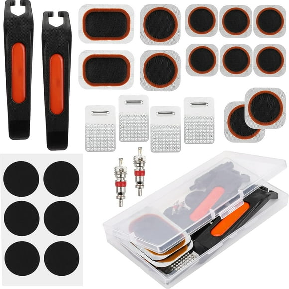 Bicycle 26-Piece Tire Repair Tools, Bike Tire Patch Repair Kit Tube Repair Kit with Vulcanizing Patches, Self-Adhesive Bike Patchs, Schrader Valve Core, Metal Rasp, Lever(Glue is not Supplied)