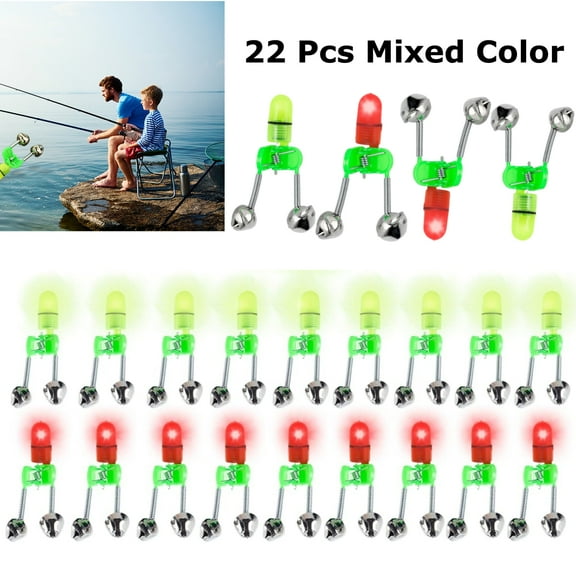 22pcs LED Night Fishing Rod Bite Bait Alarm Light With Twin Bells Ring Fishing Bite Alarm Indicator On Fishing Rod( 11 Red Light And 11 Green Light)