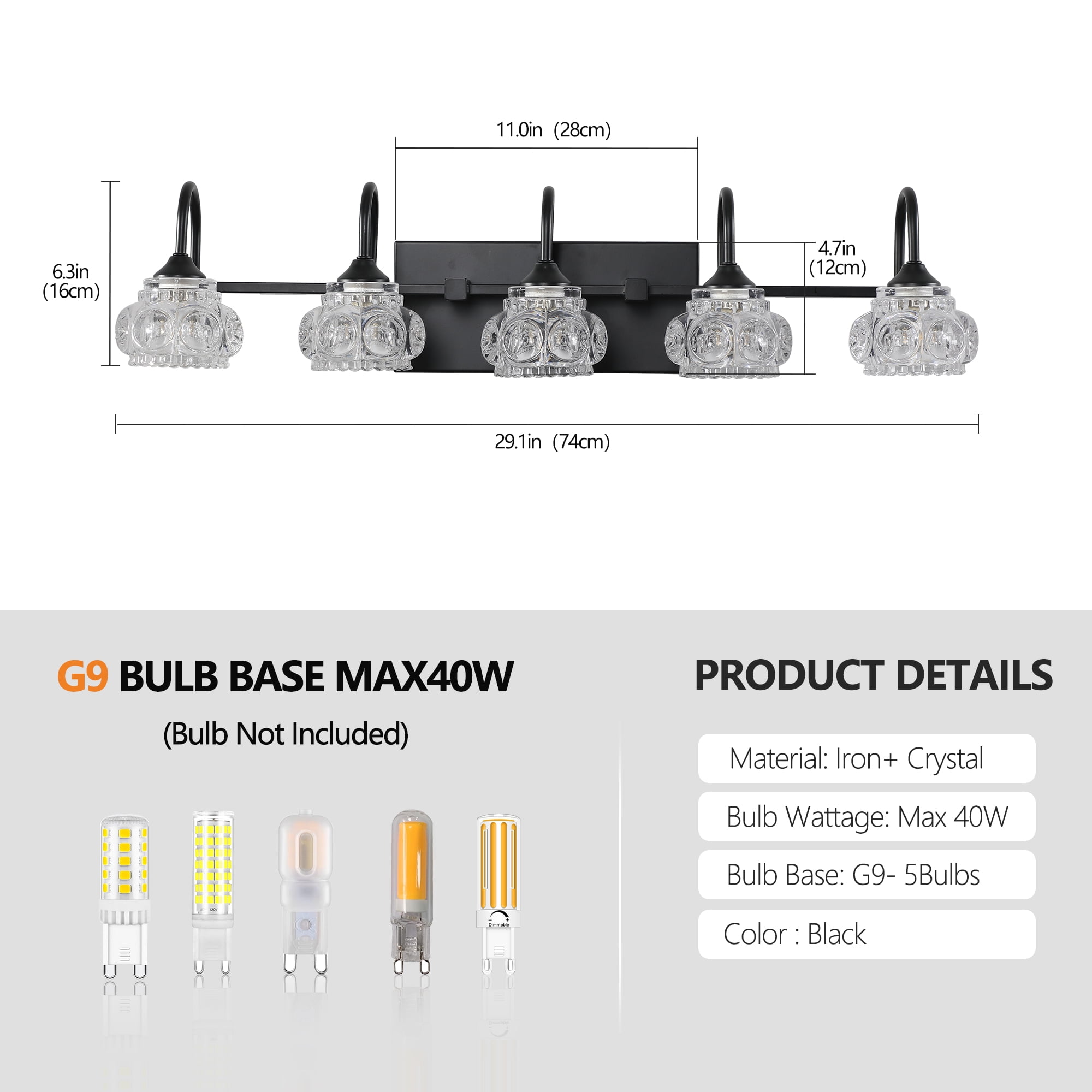 5-Light Bathroom 29 inch Vanity Light Fixtures，Matte Black Modern Vanity Lights&nbsp;For Bathroom, Bedroom, or Hallway
