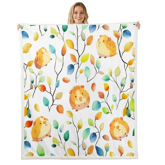 YST Cute Guinea Pig Throw Blanket for Couch for Kids Child Hippie Floral Fleece Blanket, Chic Flower Sherpa Blanket Watercolor Leaves Blanket, Cartoon Hamster Bed Blanket