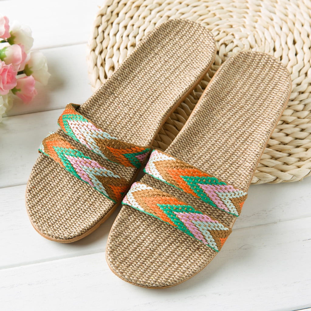 Women Anti-slip Soft Linen Plaid Slippers Home Indoor Open Toe Flats House Shoes 