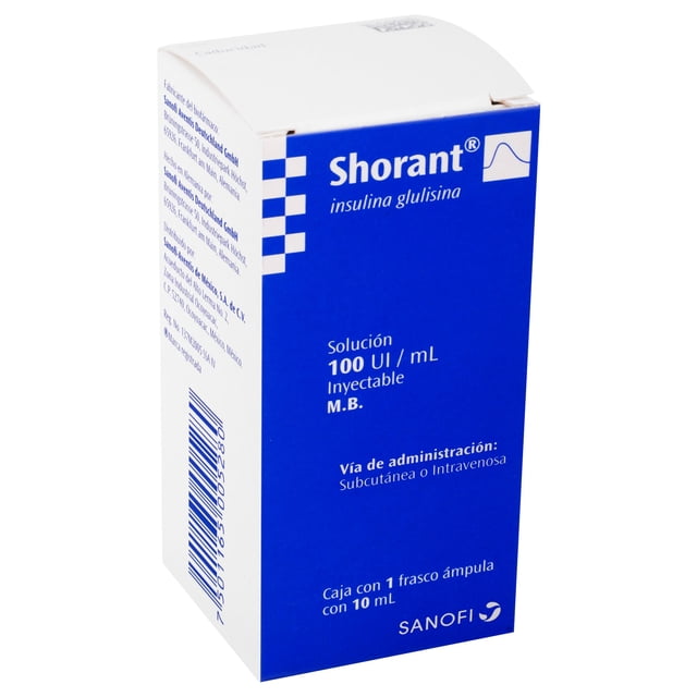 shorant solostar shorant sol iny 10ml Caja blanca y azul de Shorant insulina glulisina, vista frontal con texto legible "Solución 100 UI/mL" e indicación inyectable; muestra vía de administración subcutánea o intravenosa, etiqueta lateral y código de barras, volumen 10 ml.