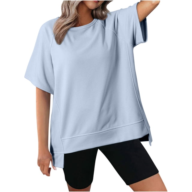 T-Shirts à Col Rond Amples pour Femmes, Chandails Décontractés pour le Ventre, Tenue Tendance, Vêtements; T-Shirts Surdimensionnés pour Femmes, Col Rond, Manches Courtes, Hauts d'Été Décontractés, Légers, Amples, Blouse Asymétrique