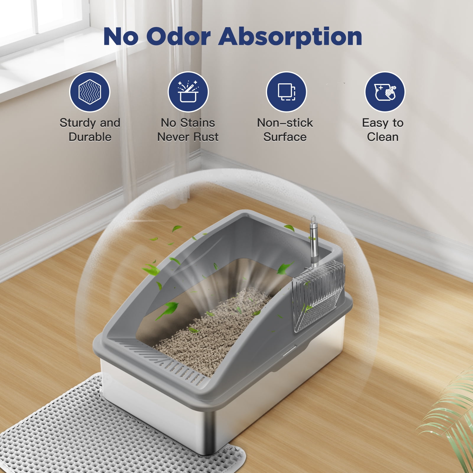 Extra Large Stainless Steel Cat Litter Box, XL Litter Boxes for Big Cats & Multiple Cats, Metal Litter Box with High Sides & Metal Scoop/Mat, Easy to Clean, Dark Gray