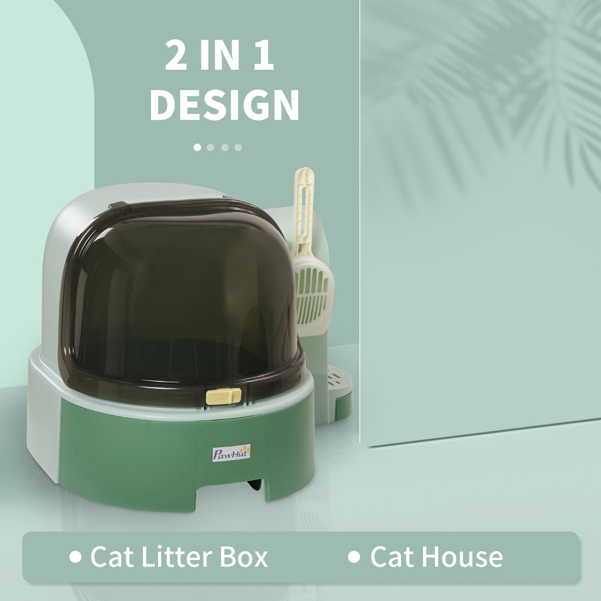 Covered Cat Litter Box with Lid Space Capsule Design Openable Front Cover Litter Scoop Included Easy to Clean Anti-Tracking Private Odor-Locking Litter Box Green