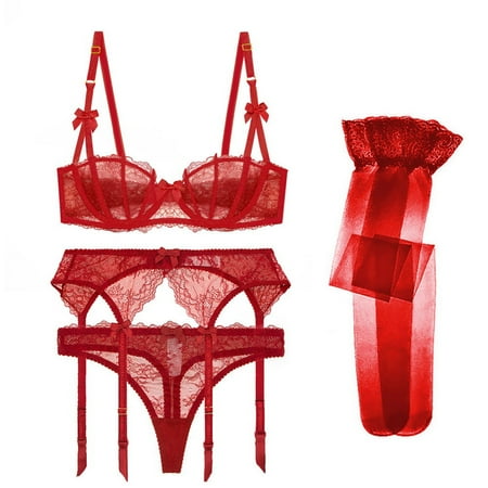 

Clearance!Summer Essentials OTEMRCLOC Ladies Half Cup Sexy Lace 4 Piece Bra Set Ladies Bra + Panties + Garter + Stockings Red 80E