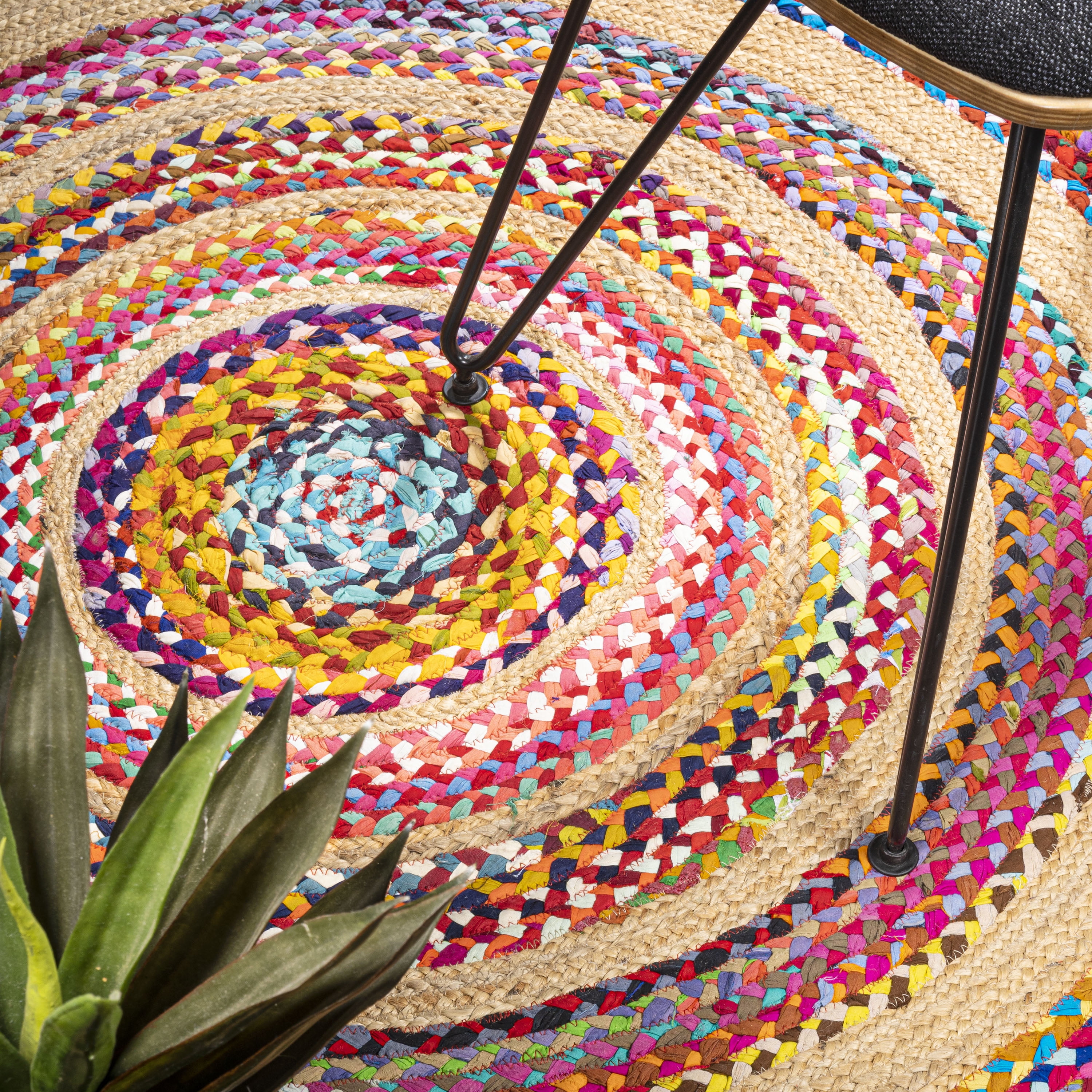 JONATHAN Y ANSA 8' Round Area Rug, Isla Boho Braided Rag & Jute - Multi/Natural, RNF105A-8R